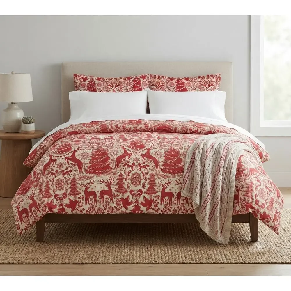 Pottery Barn King Organic Cotton Christmas Duvet Red White Nordic Holiday